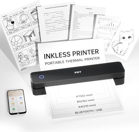 طابعات PRT المحمولة لاسلكية للسفر - طابعة حرارية بلوتوث تدعم 8.5 بوصة × 11 بوصة، طابعة بدون حبر متوافقة مع الهاتف المحمول للاستخدام المنزلي والمكتب والمدرسة، أسود in Kuwait