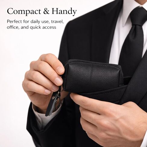 حقيبة جلدية بسحاب للعملات المعدنية مع مشبك للمفاتيح، محفظة صغيرة الحجم لحمل التغيير للرجال والنساء، محفظة جلدية صغيرة للعملات المعدنية للنقود والمفاتيح وسماعات الأذن وإكسسوارات الحمل اليومي (1، أسود) in Kuwait