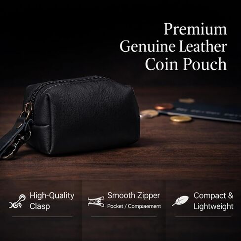 حقيبة جلدية بسحاب للعملات المعدنية مع مشبك للمفاتيح، محفظة صغيرة الحجم لحمل التغيير للرجال والنساء، محفظة جلدية صغيرة للعملات المعدنية للنقود والمفاتيح وسماعات الأذن وإكسسوارات الحمل اليومي (1، أسود) in Kuwait