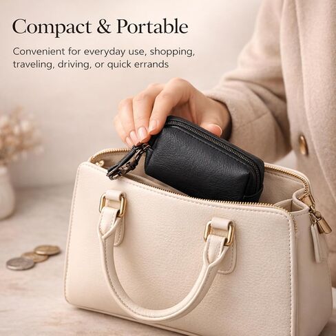 حقيبة جلدية بسحاب للعملات المعدنية مع مشبك للمفاتيح، محفظة صغيرة الحجم لحمل التغيير للرجال والنساء، محفظة جلدية صغيرة للعملات المعدنية للنقود والمفاتيح وسماعات الأذن وإكسسوارات الحمل اليومي (1، أسود) in Kuwait