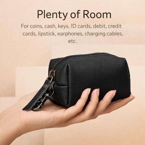 حقيبة جلدية بسحاب للعملات المعدنية مع مشبك للمفاتيح، محفظة صغيرة الحجم لحمل التغيير للرجال والنساء، محفظة جلدية صغيرة للعملات المعدنية للنقود والمفاتيح وسماعات الأذن وإكسسوارات الحمل اليومي (1، أسود) in Kuwait