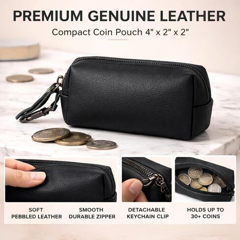 حقيبة جلدية بسحاب للعملات المعدنية مع مشبك للمفاتيح، محفظة صغيرة الحجم لحمل التغيير للرجال والنساء، محفظة جلدية صغيرة للعملات المعدنية للنقود والمفاتيح وسماعات الأذن وإكسسوارات الحمل اليومي (1، أسود) in Kuwait