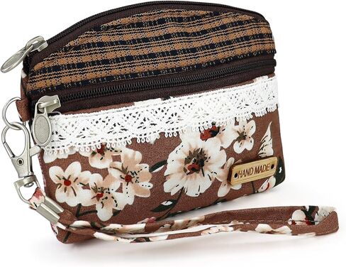 WishLotus Mini Coin Purse for Women, Cloth Coin Pouch with Zipper and Wrist Strap, Printed Lace Change Purse for Store Change Coin Cards (Brown) in Saudi Arabia
