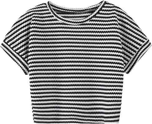 قميص بناتي مخطط بياقة دائرية وأكمام قصيرة، قمصان صيفية محبوكة in Kuwait