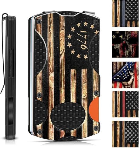Wood Grain Firefighter American Flag Minimalist Wallet for Men - Slim RFID Aluminum Metal Wallet, Scratch Resistant & Seamless, Credit Card Holder & Money Clip, Ideal Firefighter Gift in Saudi Arabia