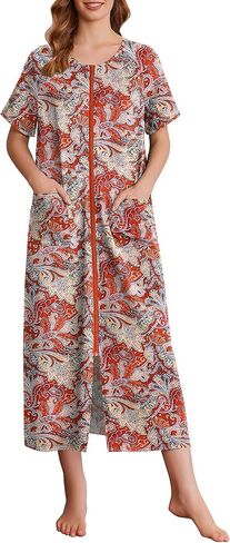 Ekouaer Women's Zipper Robes Full Length Short Sleeve Housecoats House Dress with Pockets Loungewear Nightgown Red Flower,XL in Saudi Arabia