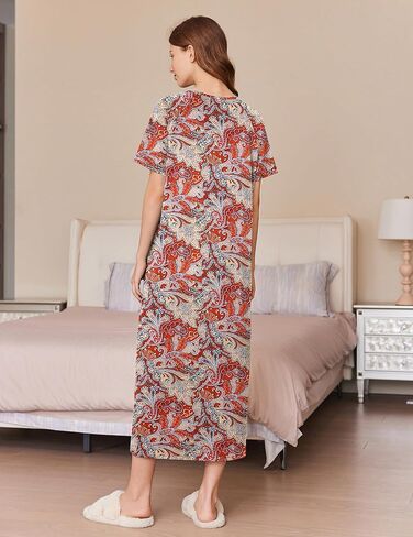 Ekouaer Women's Zipper Robes Full Length Short Sleeve Housecoats House Dress with Pockets Loungewear Nightgown Red Flower,XL in Saudi Arabia