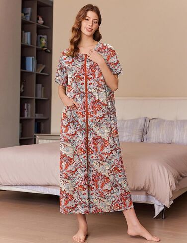 Ekouaer Women's Zipper Robes Full Length Short Sleeve Housecoats House Dress with Pockets Loungewear Nightgown Red Flower,XL in Saudi Arabia