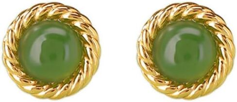 14K Gold Hetian Jade and White Jade Stud Earrings for Women, Vintage Twist Design, for Her on Mother's Day in Saudi Arabia