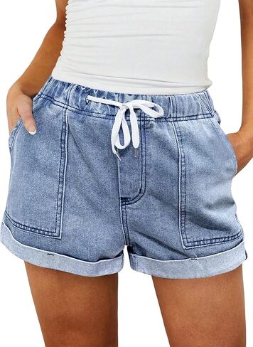 LovelyWholesale Womens Jean Shorts Summer Casual Mid Rise Cuffed Elastic Waist Denim Shorts in Saudi Arabia