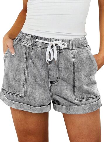 LovelyWholesale Womens Jean Shorts Summer Casual Mid Rise Cuffed Elastic Waist Denim Shorts in Saudi Arabia