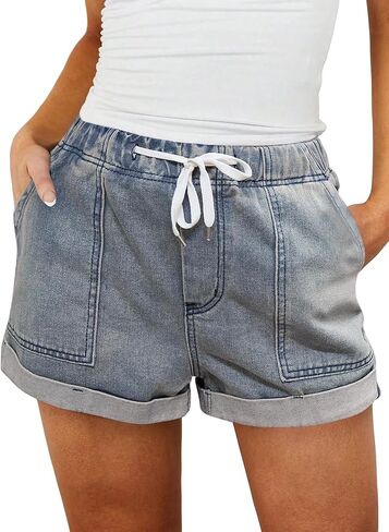 LovelyWholesale Womens Jean Shorts Summer Casual Mid Rise Cuffed Elastic Waist Denim Shorts in Saudi Arabia