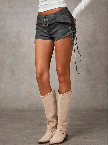 Women's Faux Leather Micro Shorts Lace Up Side Low Waist Belted Hot Pants Y2K Rave Club Mini Shorts in Kuwait