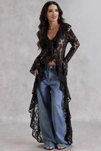 Lace Cardigan for Women Maxi Summer Lightweight Open Front Tie Bell Long Sleeve Ruffled Tops Duster Swimsuit Cover Up in Kuwait