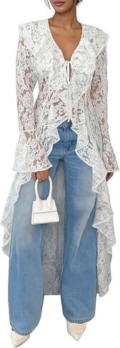 Lace Cardigan for Women Maxi Summer Lightweight Open Front Tie Bell Long Sleeve Ruffled Tops Duster Swimsuit Cover Up in Kuwait