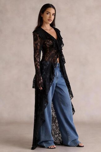 Lace Cardigan for Women Maxi Summer Lightweight Open Front Tie Bell Long Sleeve Ruffled Tops Duster Swimsuit Cover Up in Kuwait