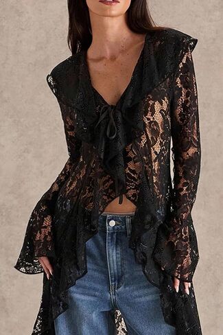 Lace Cardigan for Women Maxi Summer Lightweight Open Front Tie Bell Long Sleeve Ruffled Tops Duster Swimsuit Cover Up in Kuwait