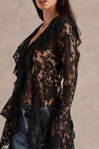 Lace Cardigan for Women Maxi Summer Lightweight Open Front Tie Bell Long Sleeve Ruffled Tops Duster Swimsuit Cover Up in Kuwait