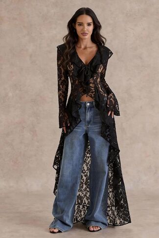 Lace Cardigan for Women Maxi Summer Lightweight Open Front Tie Bell Long Sleeve Ruffled Tops Duster Swimsuit Cover Up in Kuwait