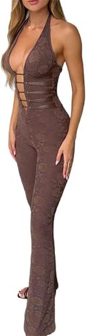 Women Lace Jumpsuits Halter Neck Cross Backless Sleeveless Long Rompers Summer Slim Playsuits Clubwear in Saudi Arabia