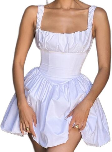 Women's Summer Spaghetti Strap Short Square Neck Sleeveless Dresses A-line Casual Cocktail Prom Gown Sundress in Kuwait