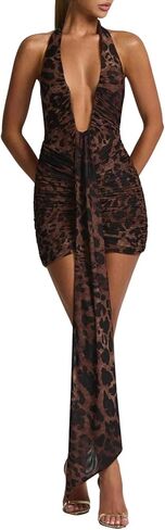 Women Deep V Neck Ruched Mini Dresses Backless Halter Dress Party Club Night in Kuwait