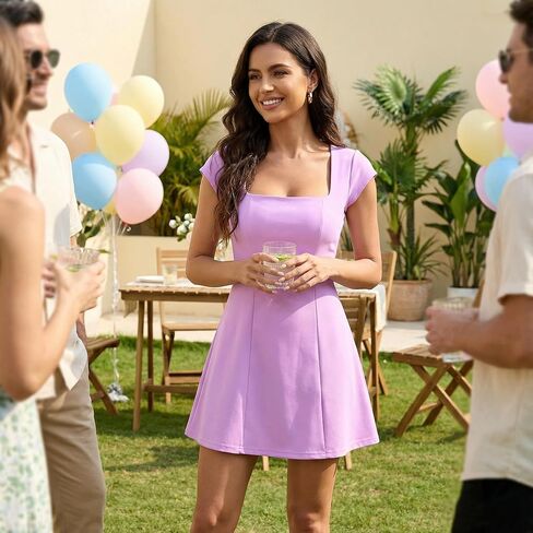 Women’s Elegant Square Neck Mini Dress Short Sleeve Flowy A-Line Summer Casual Beach Party Dresses in Saudi Arabia