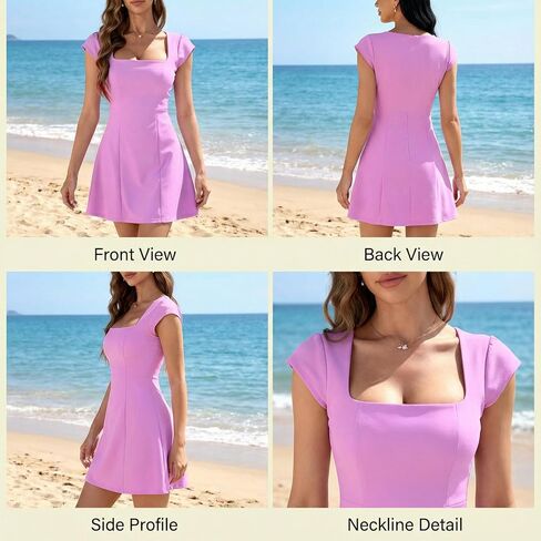 Women’s Elegant Square Neck Mini Dress Short Sleeve Flowy A-Line Summer Casual Beach Party Dresses in Saudi Arabia