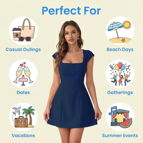 Women’s Elegant Square Neck Mini Dress Short Sleeve Flowy A-Line Summer Casual Beach Party Dresses in Saudi Arabia
