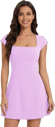 Women’s Elegant Square Neck Mini Dress Short Sleeve Flowy A-Line Summer Casual Beach Party Dresses in Saudi Arabia