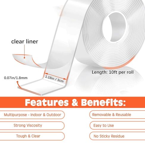 Double Sided Tape Heavy Duty, Nano Double Sided Adhesive Tape, Clear Mounting Tape Picture Hanging Adhesive Strips (9.85FT) in Saudi Arabia
