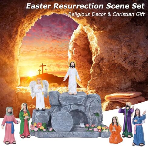 MEETYAMOR زينة عيد الفصح الدينية للمنزل، 8 قطع من الراتنج مجموعة مشهد قيامة يسوع مع قبر فارغ لديكور عيد الفصح المسيحي، لقد قام مشهد الميلاد للكنيسة رف صينية رف الطاولة in Kuwait