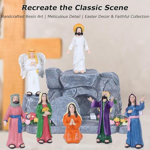 MEETYAMOR زينة عيد الفصح الدينية للمنزل، 8 قطع من الراتنج مجموعة مشهد قيامة يسوع مع قبر فارغ لديكور عيد الفصح المسيحي، لقد قام مشهد الميلاد للكنيسة رف صينية رف الطاولة in Kuwait