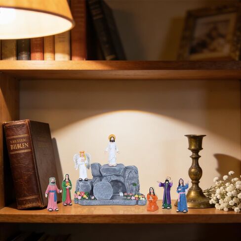 MEETYAMOR زينة عيد الفصح الدينية للمنزل، 8 قطع من الراتنج مجموعة مشهد قيامة يسوع مع قبر فارغ لديكور عيد الفصح المسيحي، لقد قام مشهد الميلاد للكنيسة رف صينية رف الطاولة in Kuwait