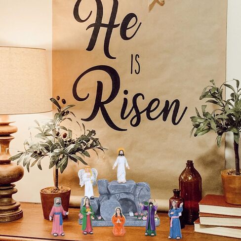 MEETYAMOR زينة عيد الفصح الدينية للمنزل، 8 قطع من الراتنج مجموعة مشهد قيامة يسوع مع قبر فارغ لديكور عيد الفصح المسيحي، لقد قام مشهد الميلاد للكنيسة رف صينية رف الطاولة in Kuwait