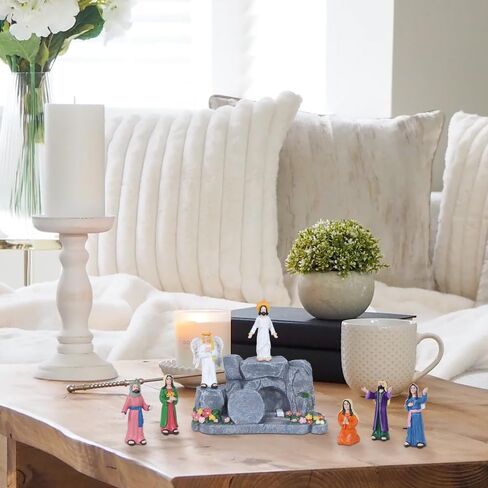 MEETYAMOR زينة عيد الفصح الدينية للمنزل، 8 قطع من الراتنج مجموعة مشهد قيامة يسوع مع قبر فارغ لديكور عيد الفصح المسيحي، لقد قام مشهد الميلاد للكنيسة رف صينية رف الطاولة in Kuwait