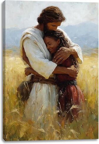 2D لا نسيج يسوع يحتضن المرأة السوداء قماش جدار ديكور فني، مسيحي آمن في ذراعيه ملصق اللوحة، يسوع يعانق صور فتاة سوداء لحائط غرفة المعيشة غرفة نوم الكنيسة ديكور المنزل 12 * 16 بوصة (قماش ممتد على إطار خشبي) in Kuwait