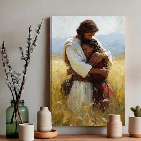2D لا نسيج يسوع يحتضن المرأة السوداء قماش جدار ديكور فني، مسيحي آمن في ذراعيه ملصق اللوحة، يسوع يعانق صور فتاة سوداء لحائط غرفة المعيشة غرفة نوم الكنيسة ديكور المنزل 12 * 16 بوصة (قماش ممتد على إطار خشبي) in Kuwait