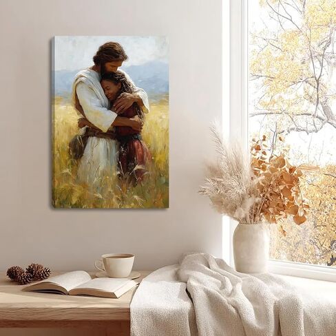2D لا نسيج يسوع يحتضن المرأة السوداء قماش جدار ديكور فني، مسيحي آمن في ذراعيه ملصق اللوحة، يسوع يعانق صور فتاة سوداء لحائط غرفة المعيشة غرفة نوم الكنيسة ديكور المنزل 12 * 16 بوصة (قماش ممتد على إطار خشبي) in Kuwait