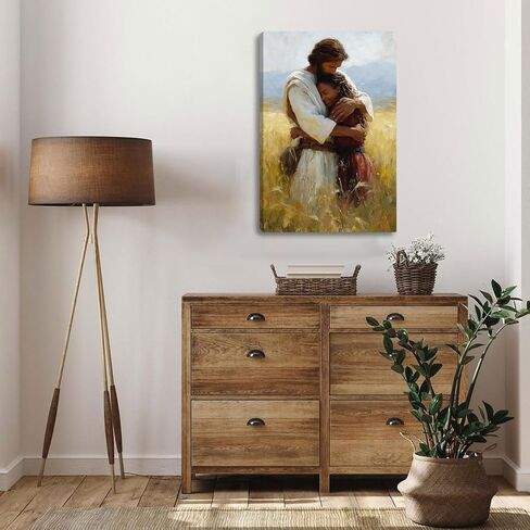 2D لا نسيج يسوع يحتضن المرأة السوداء قماش جدار ديكور فني، مسيحي آمن في ذراعيه ملصق اللوحة، يسوع يعانق صور فتاة سوداء لحائط غرفة المعيشة غرفة نوم الكنيسة ديكور المنزل 12 * 16 بوصة (قماش ممتد على إطار خشبي) in Kuwait