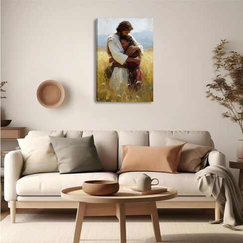 2D لا نسيج يسوع يحتضن المرأة السوداء قماش جدار ديكور فني، مسيحي آمن في ذراعيه ملصق اللوحة، يسوع يعانق صور فتاة سوداء لحائط غرفة المعيشة غرفة نوم الكنيسة ديكور المنزل 12 * 16 بوصة (قماش ممتد على إطار خشبي) in Kuwait