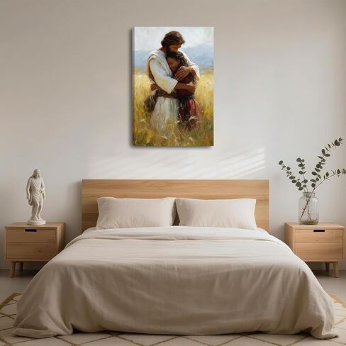 2D لا نسيج يسوع يحتضن المرأة السوداء قماش جدار ديكور فني، مسيحي آمن في ذراعيه ملصق اللوحة، يسوع يعانق صور فتاة سوداء لحائط غرفة المعيشة غرفة نوم الكنيسة ديكور المنزل 12 * 16 بوصة (قماش ممتد على إطار خشبي) in Kuwait