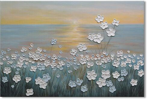 JUHOME Vintage Hand-Painted Thick Texture 3D White Flowers Abstract Oil Painting on Canvas Wall Art,Horizontal Sunset Beach Art Decor for Home Office Hall Wall Decorative,36x24 in Saudi Arabia