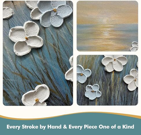 JUHOME Vintage Hand-Painted Thick Texture 3D White Flowers Abstract Oil Painting on Canvas Wall Art,Horizontal Sunset Beach Art Decor for Home Office Hall Wall Decorative,36x24 in Saudi Arabia