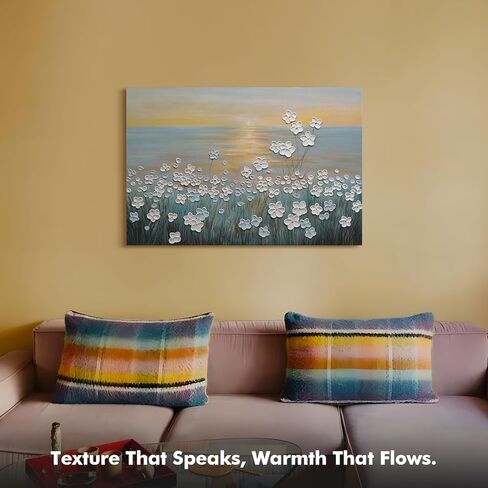 JUHOME Vintage Hand-Painted Thick Texture 3D White Flowers Abstract Oil Painting on Canvas Wall Art,Horizontal Sunset Beach Art Decor for Home Office Hall Wall Decorative,36x24 in Saudi Arabia