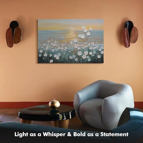 JUHOME Vintage Hand-Painted Thick Texture 3D White Flowers Abstract Oil Painting on Canvas Wall Art,Horizontal Sunset Beach Art Decor for Home Office Hall Wall Decorative,36x24 in Saudi Arabia