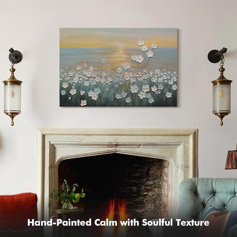 JUHOME Vintage Hand-Painted Thick Texture 3D White Flowers Abstract Oil Painting on Canvas Wall Art,Horizontal Sunset Beach Art Decor for Home Office Hall Wall Decorative,36x24 in Saudi Arabia
