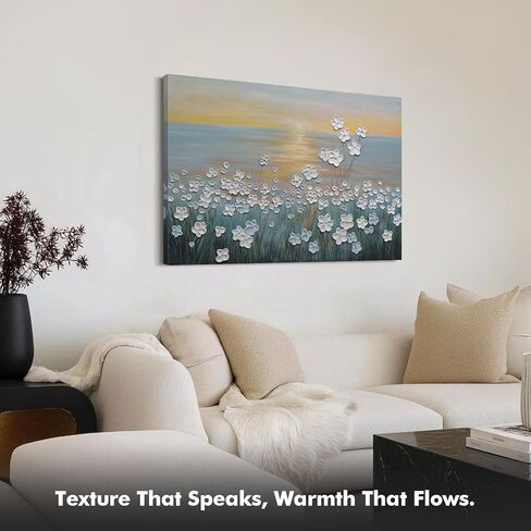 JUHOME Vintage Hand-Painted Thick Texture 3D White Flowers Abstract Oil Painting on Canvas Wall Art,Horizontal Sunset Beach Art Decor for Home Office Hall Wall Decorative,36x24 in Saudi Arabia