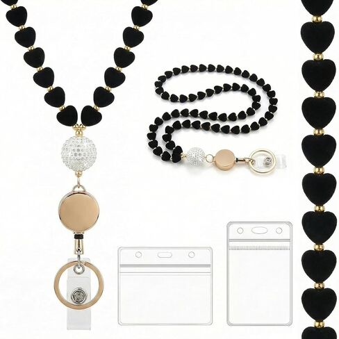 Flocked Lanyards for Id Badges and Keys, Women Teacher Beaded Lanyard with Retractable Reel, ID Card Holder Necklace in Saudi Arabia