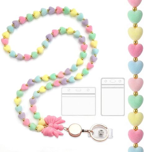 Flocked Lanyards for Id Badges and Keys, Women Teacher Beaded Lanyard with Retractable Reel, ID Card Holder Necklace in Saudi Arabia